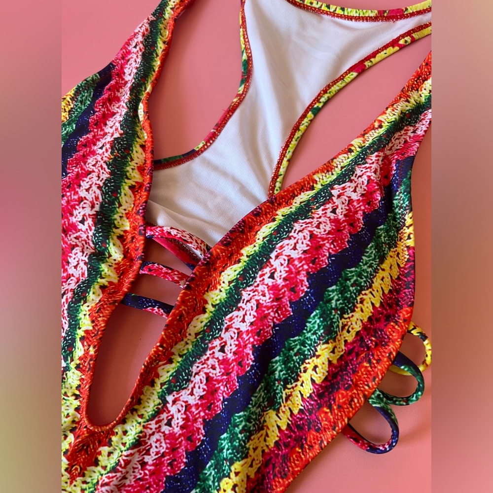 Rainbow Faux Crochet One Piece Swimsuit - Picture 11 of 13